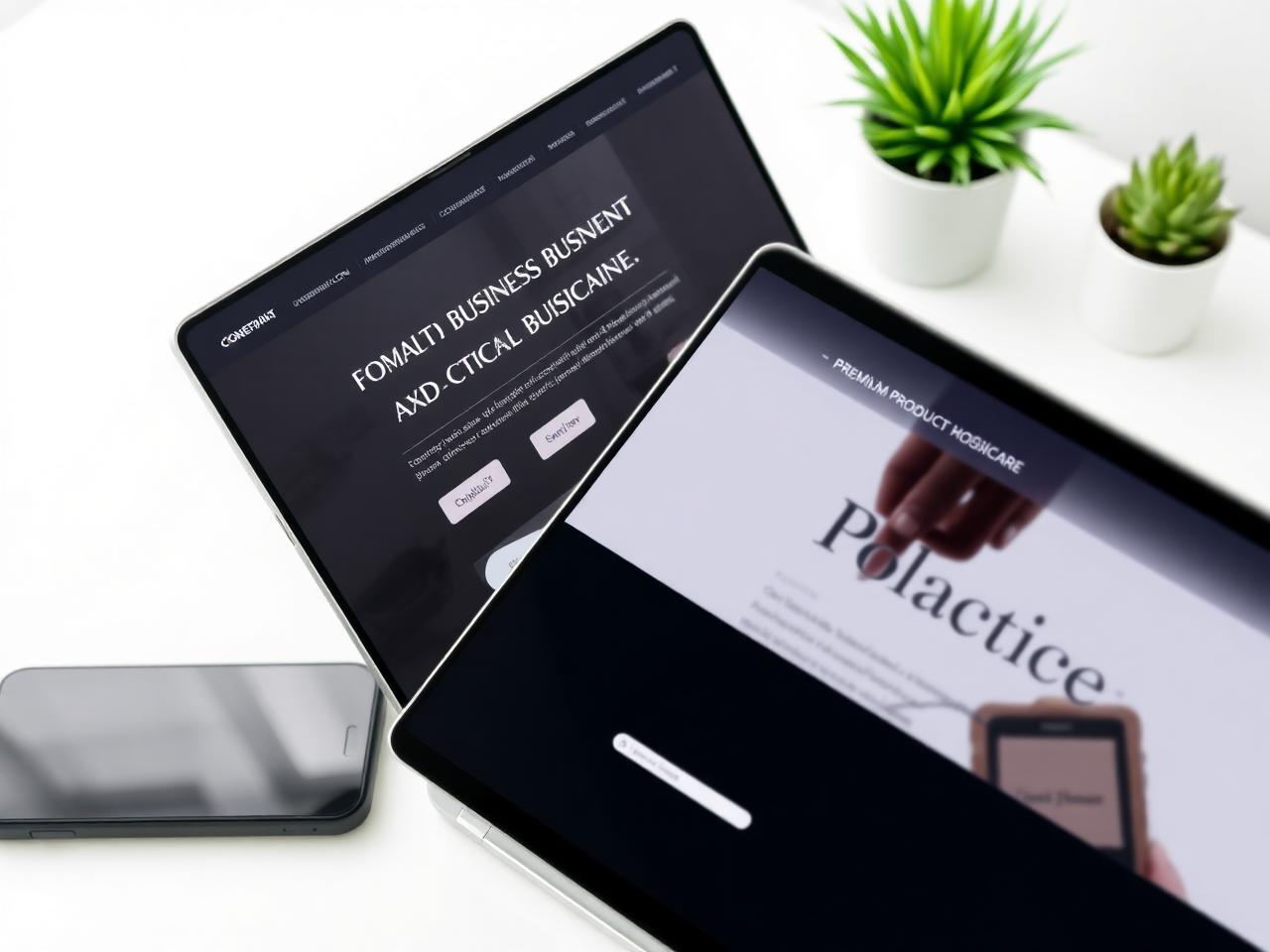 Modern business website displayed on laptop, tablet, and phone