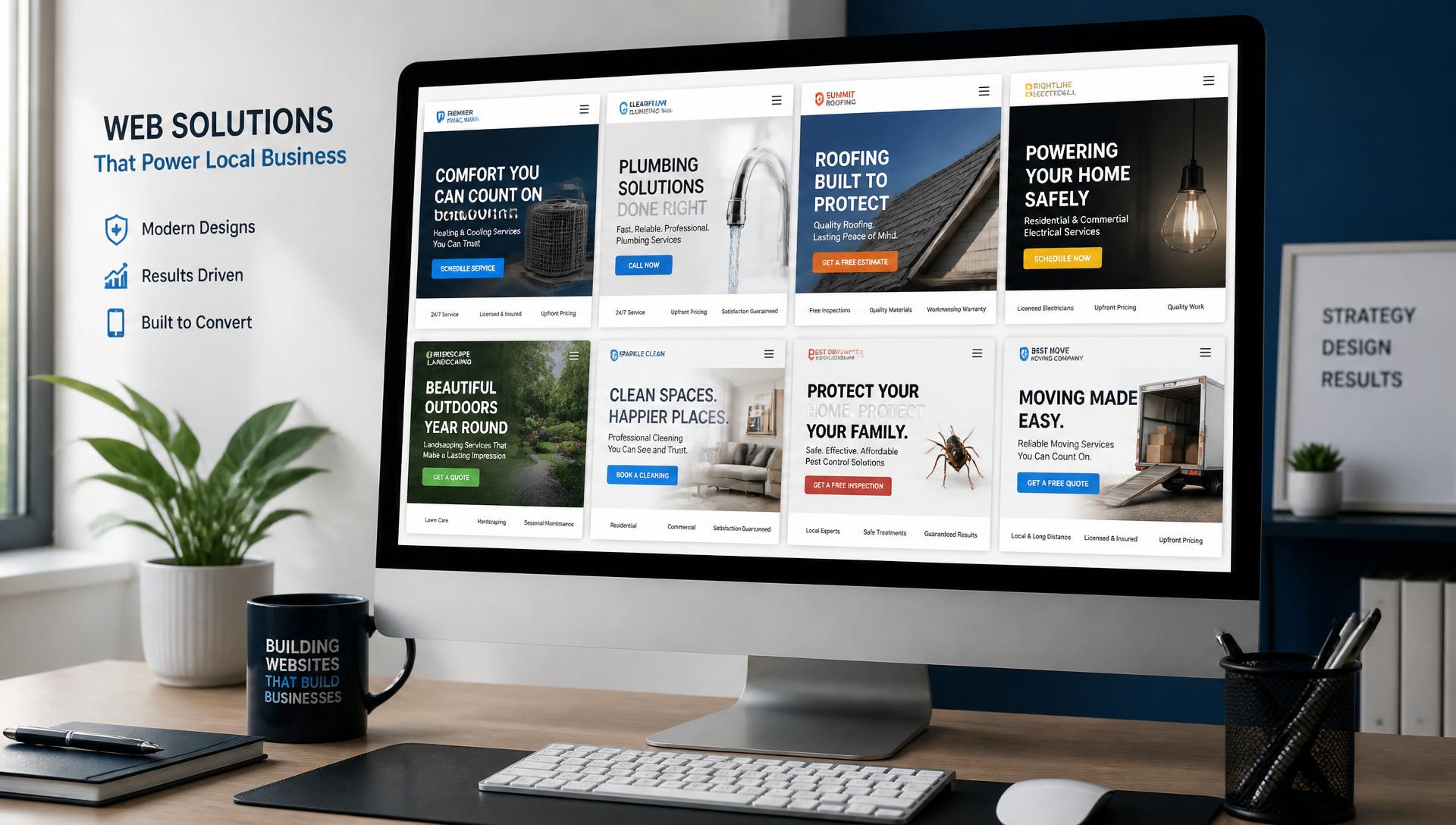 Website design examples for service-industry businesses shown on desktop and mobile