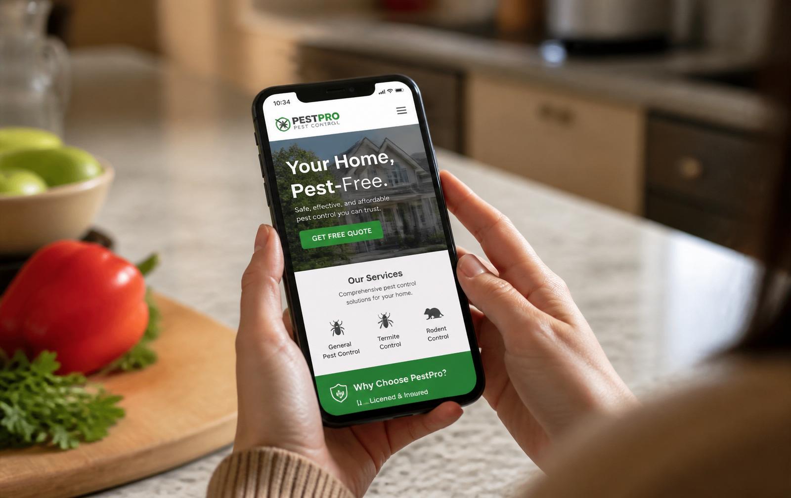 Hands holding a phone with a pest control company website and Get Free Quote button