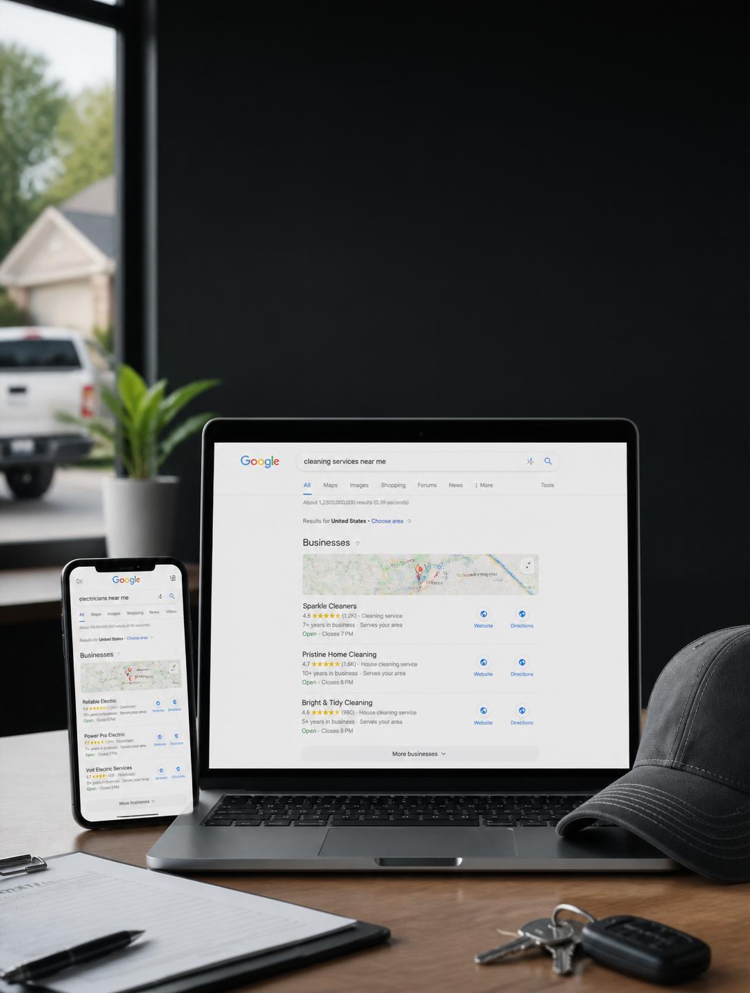 Laptop and phone showing Google searches for cleaning services and electricians near me