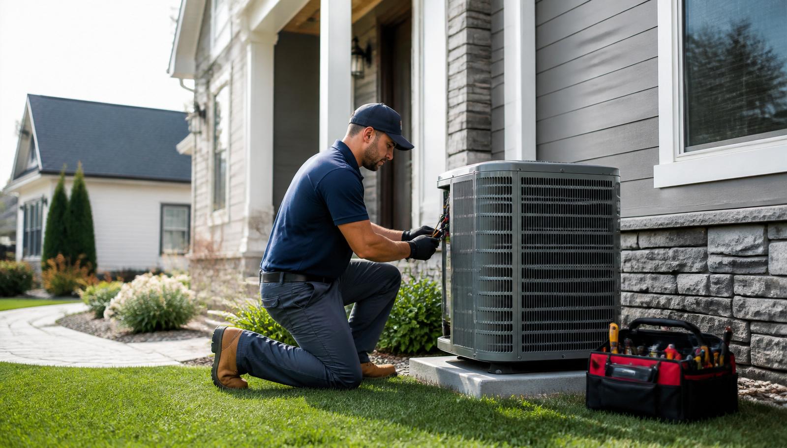 HVAC technician servicing an outdoor AC condenser unit at a modern home