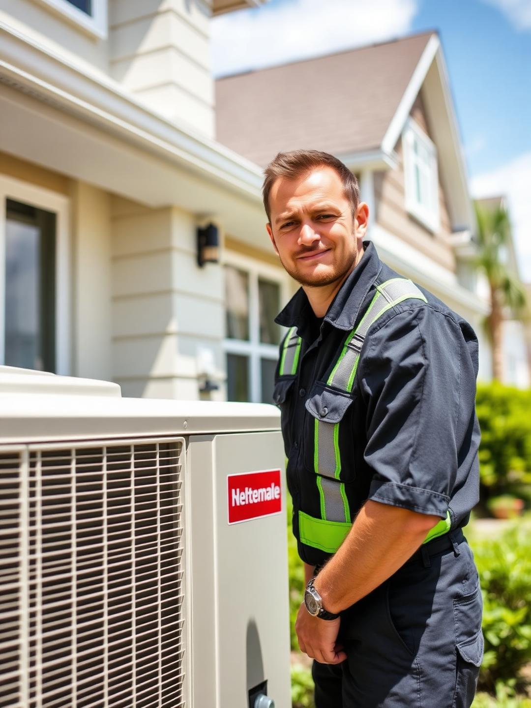 HVAC technician servicing an outdoor AC condenser unit at a modern home