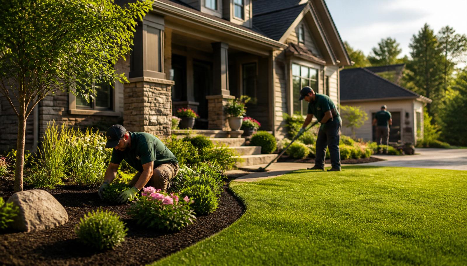 Beautifully manicured suburban front yard at golden hour
