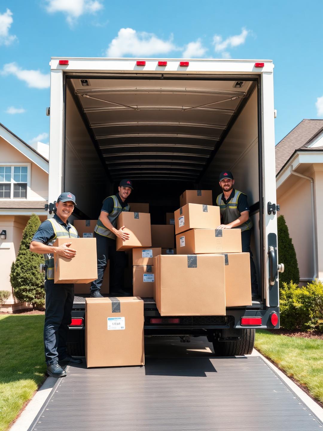 Moving crew loading labeled boxes into a moving truck at a suburban home