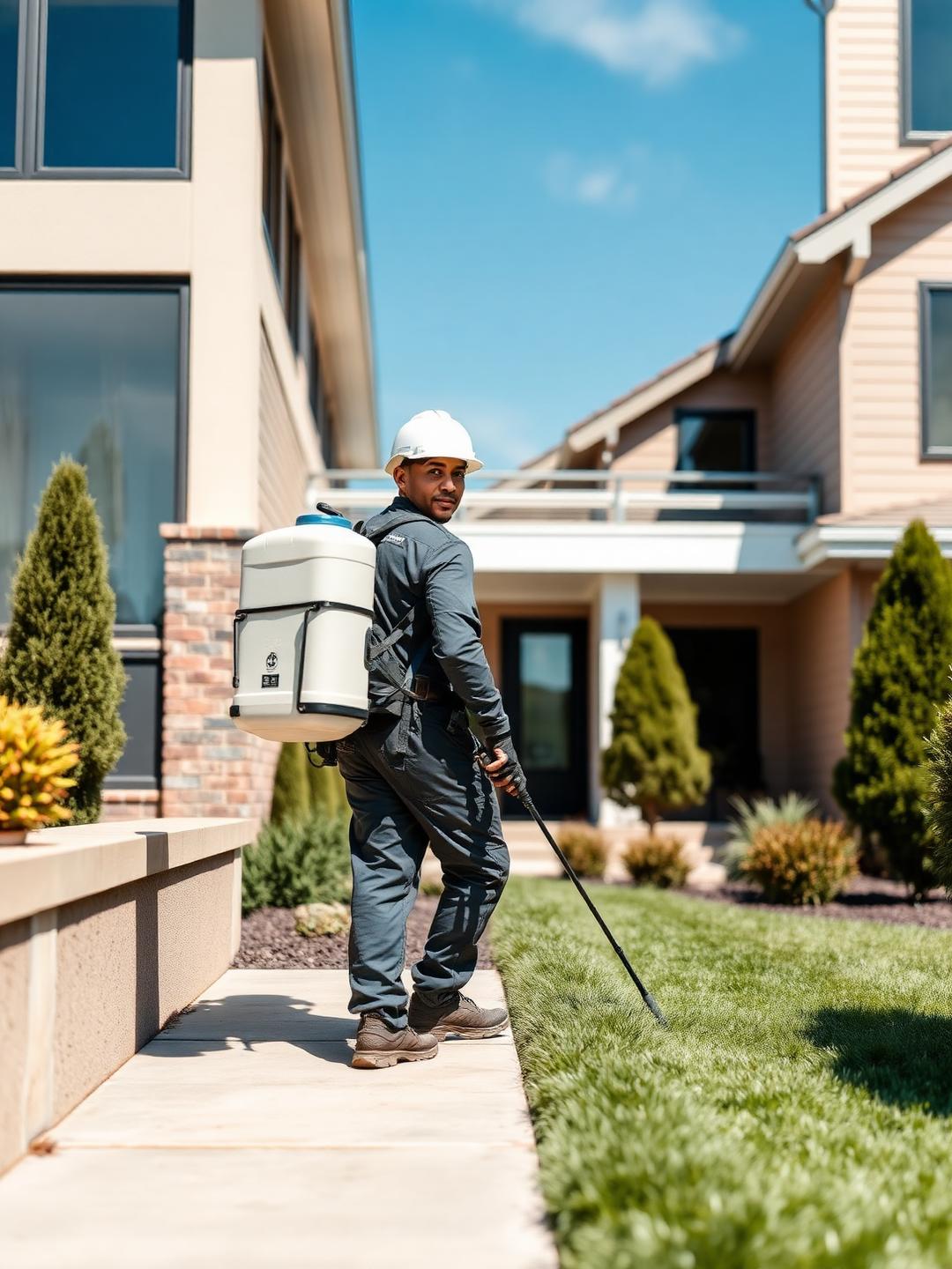 Pest control technician treating the exterior foundation of a home