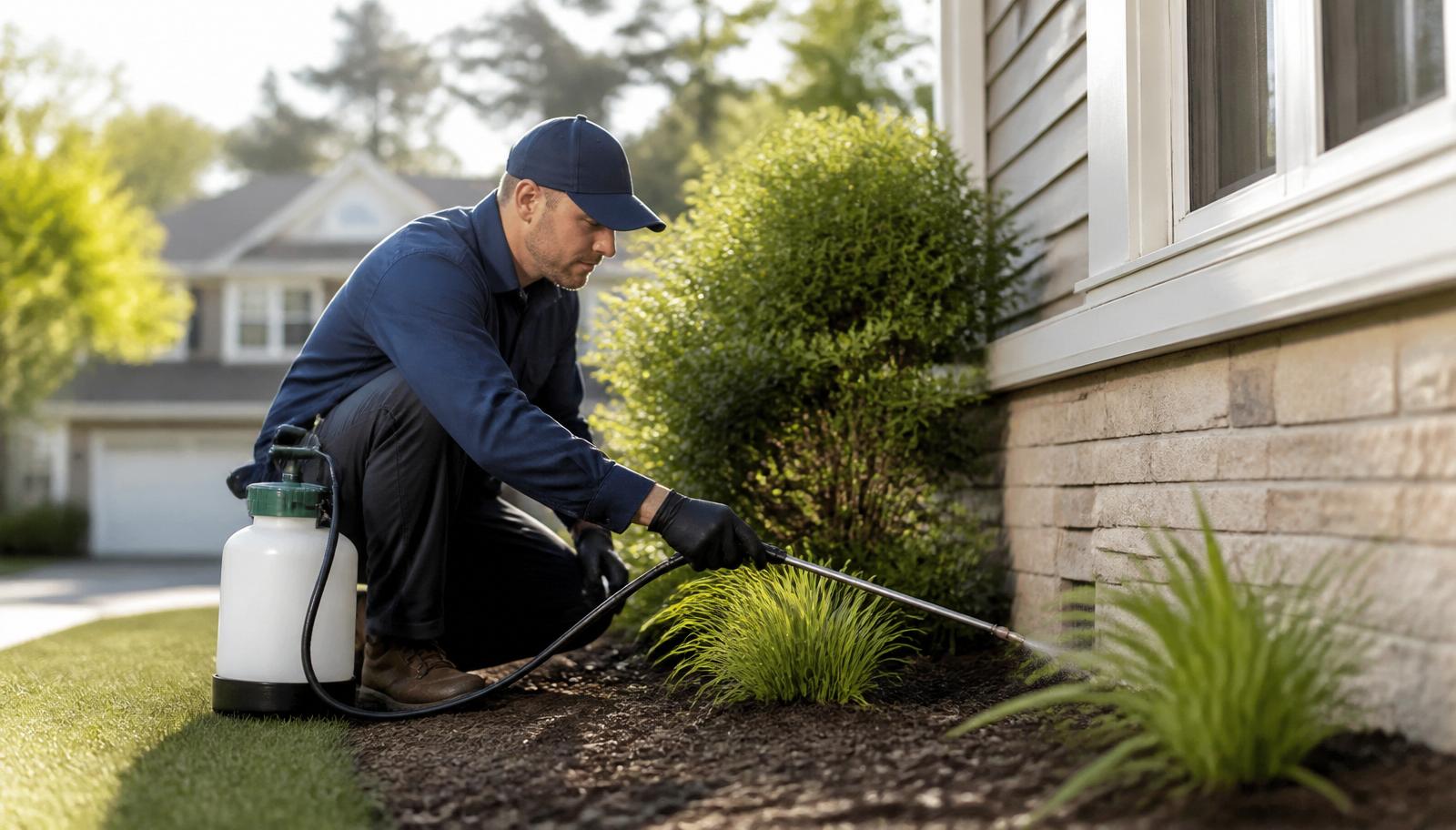 Pest control technician treating the exterior foundation of a home