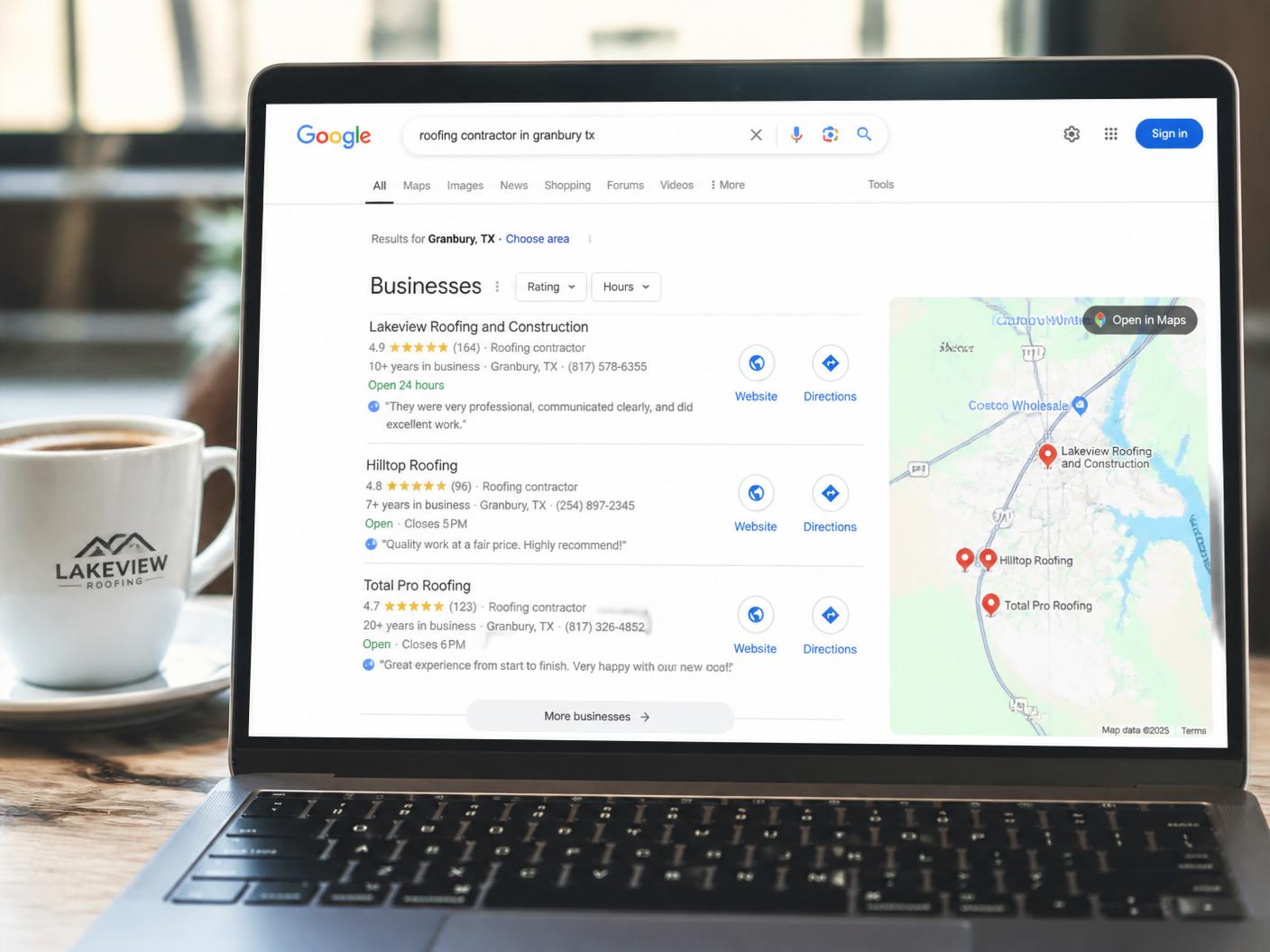 Laptop showing Google search results for a local roofing contractor ranking at the top