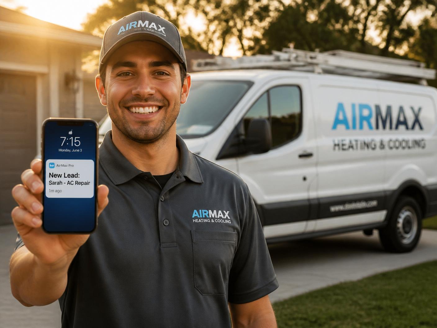 HVAC service technician receiving a new lead notification on his phone next to a branded service van